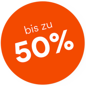 Orange circle with white text stating 'bis zu 50%.'