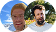 Two men outdoors with mountains and trees in the background.