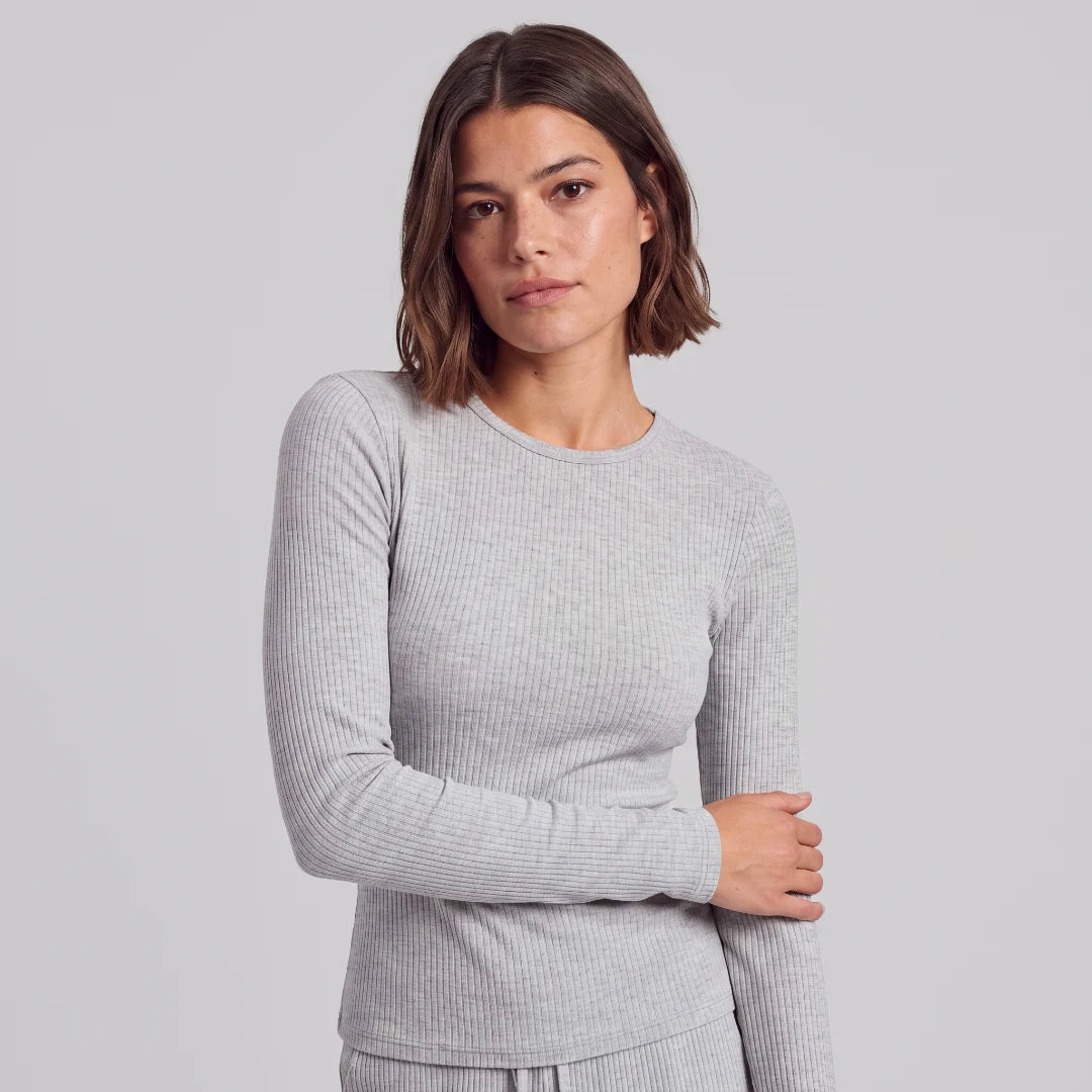 Langarmshirt Damen Rippstruktur | Hellgrau Meliert – 2