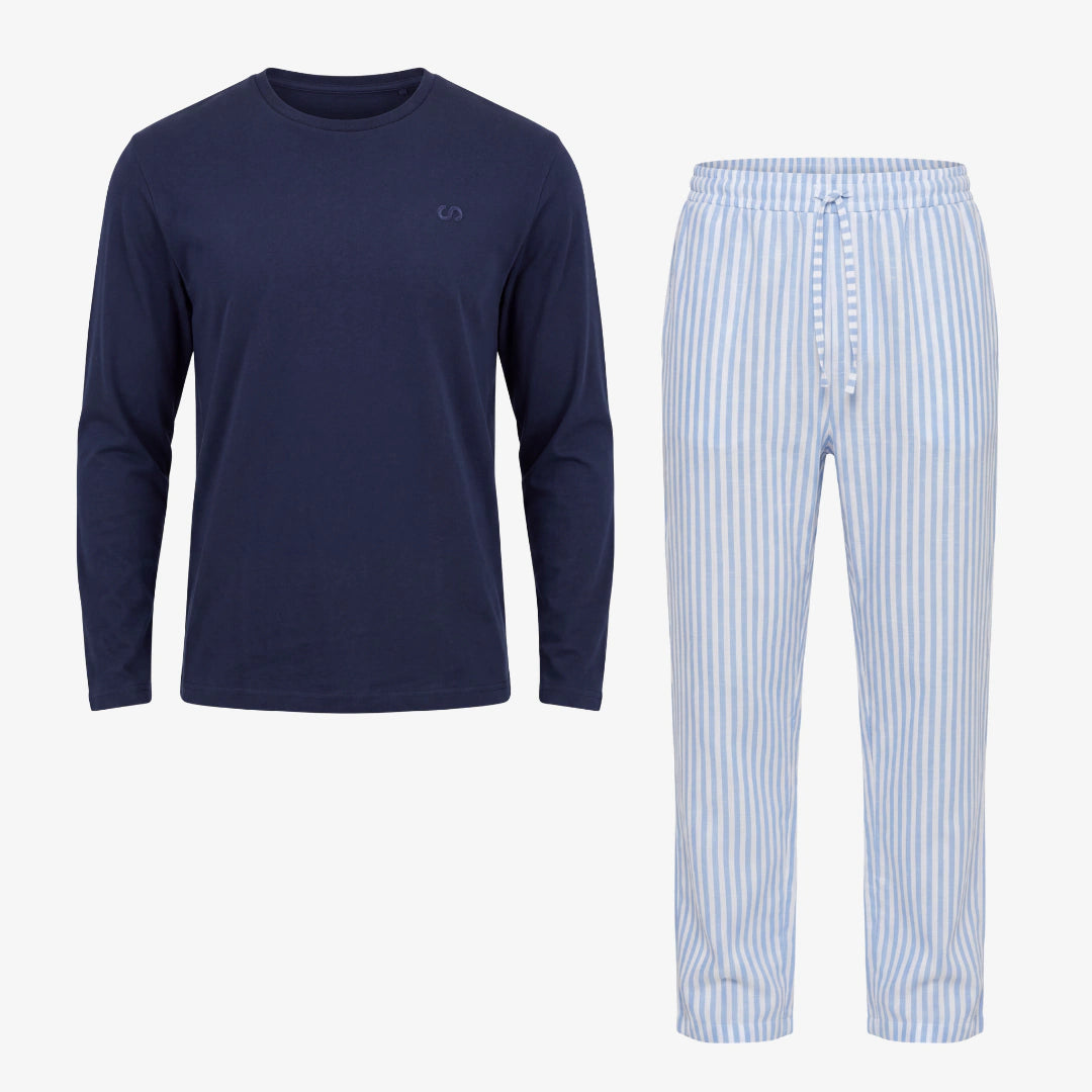 Schlafanzug Set Gestreift Herren Lang | Blue Breeze/Weiß – 9