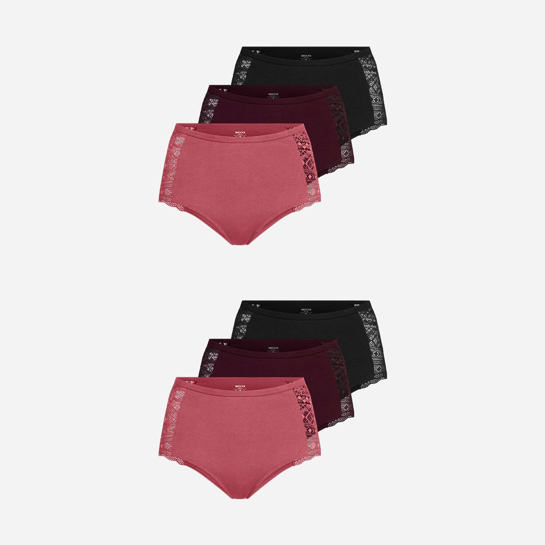 High Waist Hipster Panties mit Spitze | Mix (Mauve/Weinrot/Schwarz) – 10