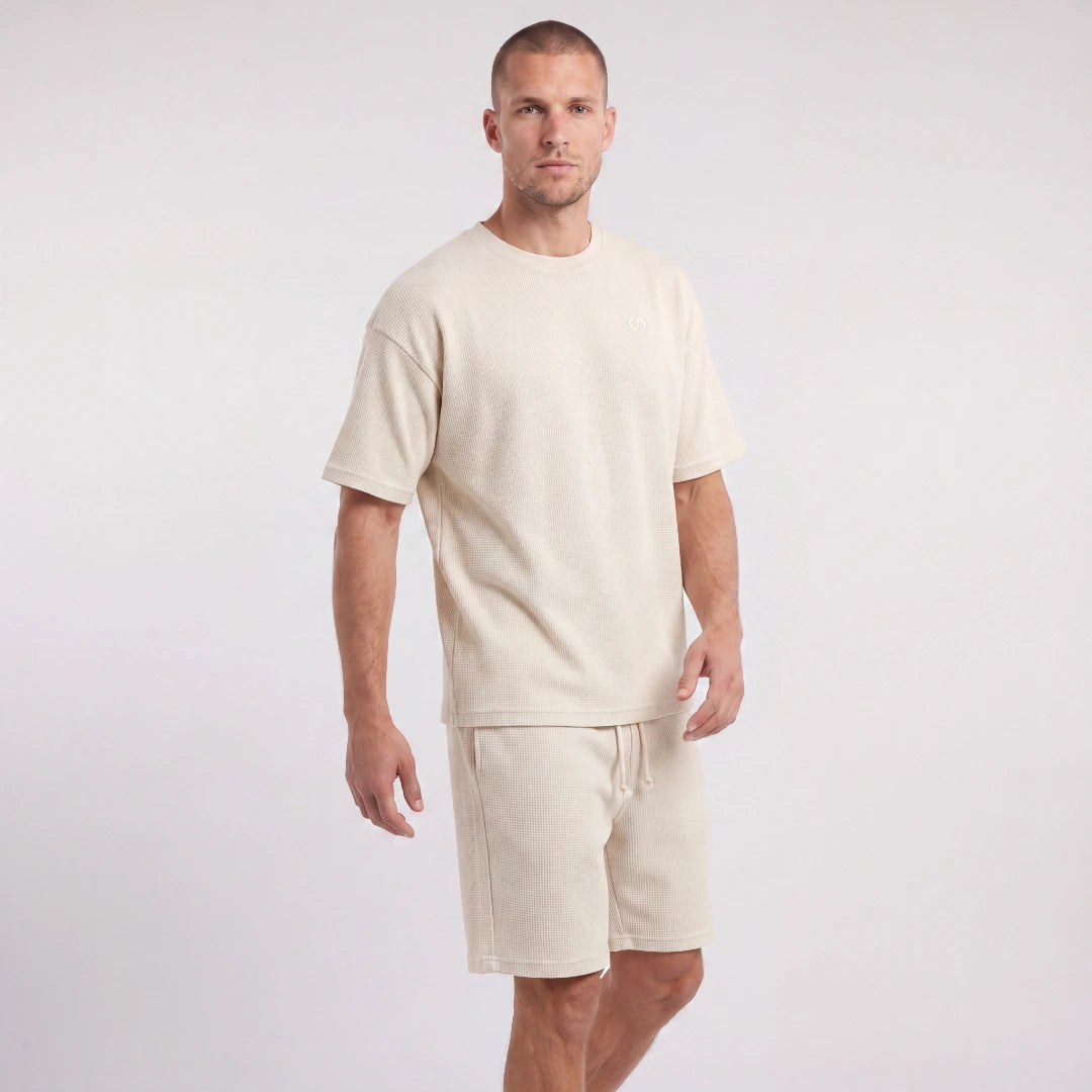 Schlafanzug Set Waffle Herren kurz | Beige – 4