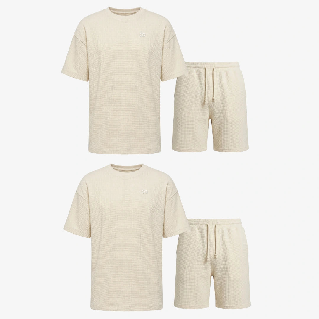 Schlafanzug Set Waffle Herren kurz | Beige – 10
