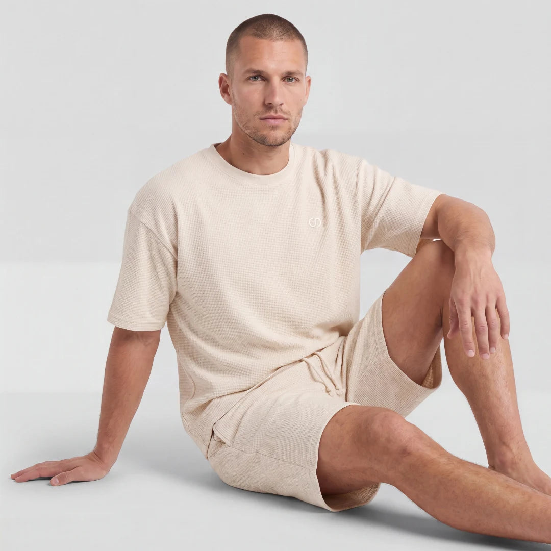 Schlafanzug Set Waffle Herren kurz | Beige – 2