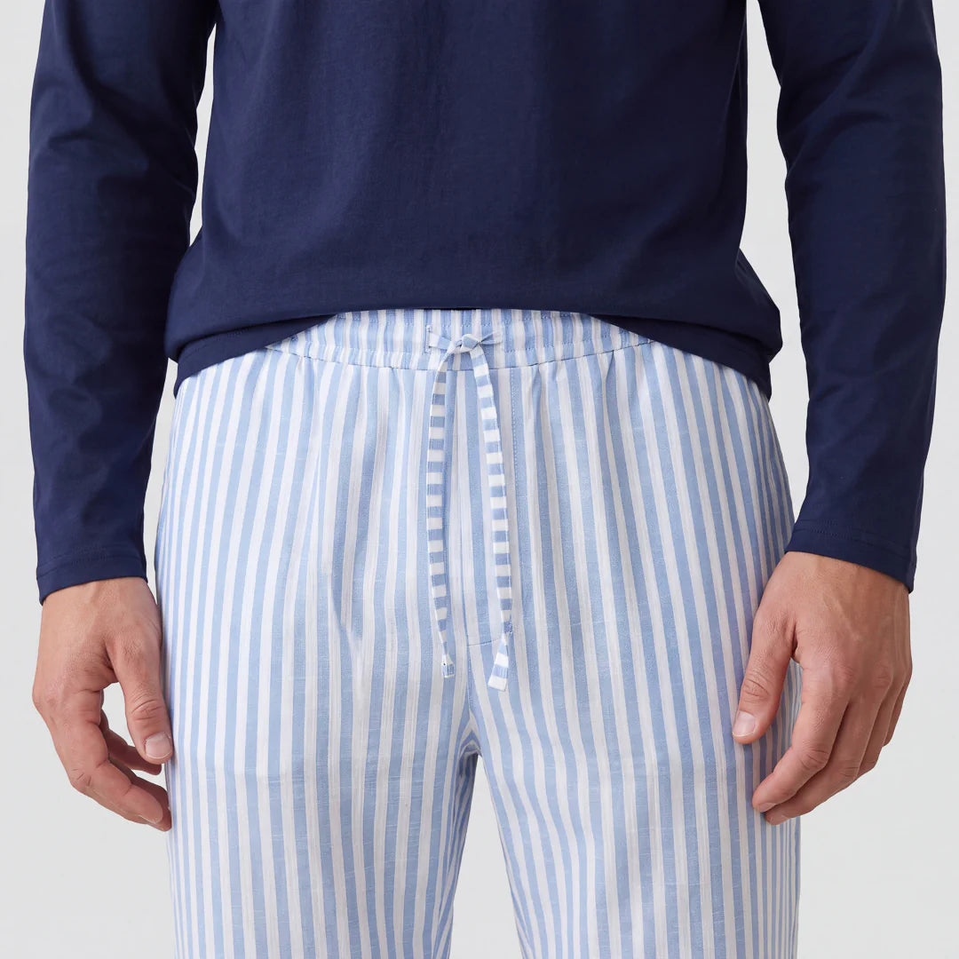 Schlafanzug Set Gestreift Herren Lang | Blue Breeze/Weiß – 3