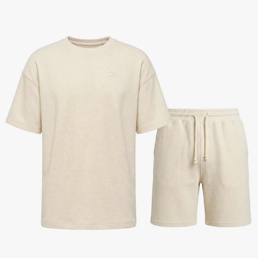 Schlafanzug Set Waffle Herren kurz | Beige
