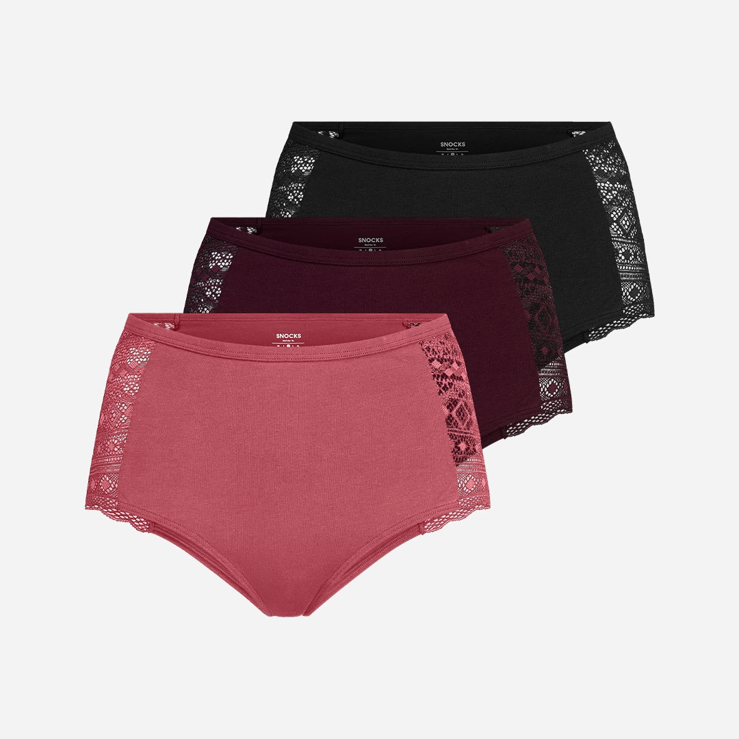 High Waist Hipster Panties mit Spitze | Mix (Mauve/Weinrot/Schwarz) – 9