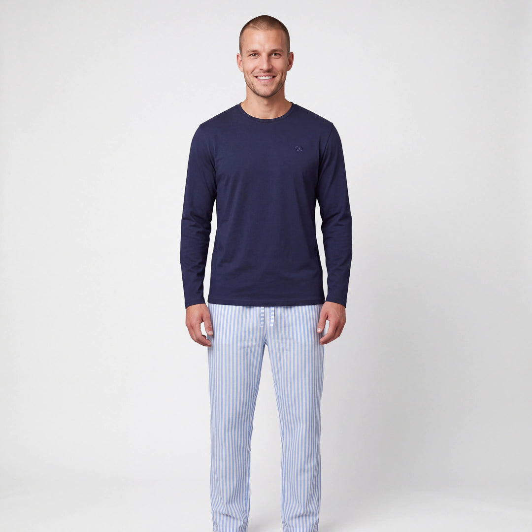 Schlafanzug Set Gestreift Herren Lang | Blue Breeze/Weiß – 2