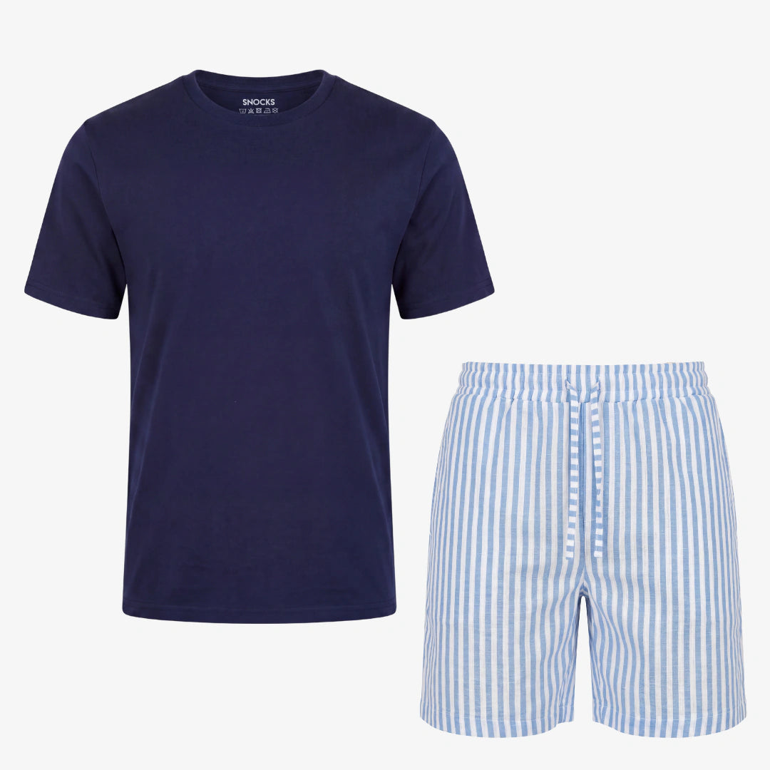 Schlafanzug Set Gestreift Herren Kurz | Blue Breeze/Weiß – 10