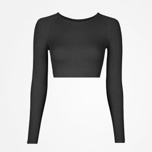 Geripptes Sportshirt langarm Damen | Schwarz