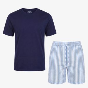 Schlafanzug Set Gestreift Herren Kurz | Blue Breeze/Weiß