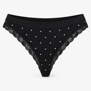 Seamless Strings mit Spitze | Schwarz mit weißen Pünktchen